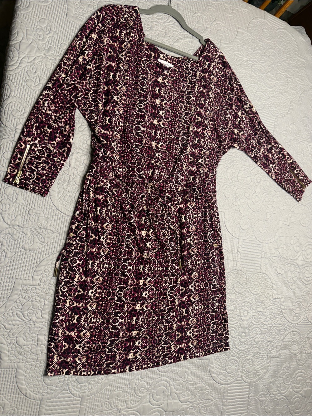 Calvin Klein Burgundy and Cream Printed Long-Sleeve Dress with Gold hardware